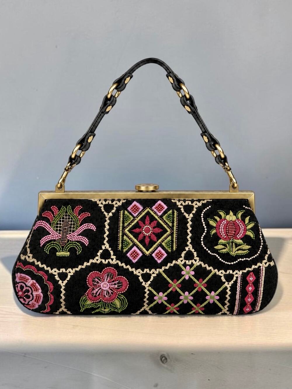 Y2K Isabella Fiore Floral Embroidered Beaded Suede Bag